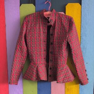 Vintage 1980s Rare Betsey Johnson Red and Black Plaid Jacket with Peplum Waist